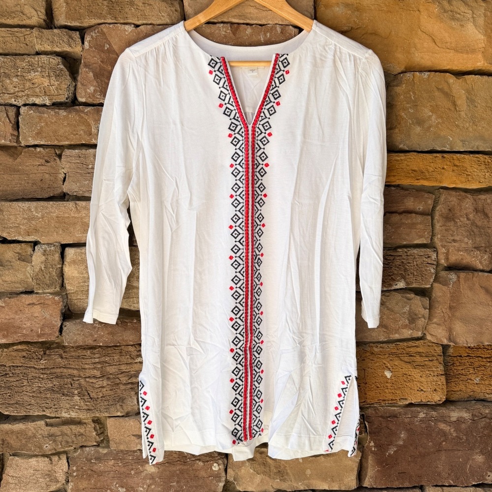 J. Jill Women Medium Tunic Top White Embroidered Split Neck 3/4 Sleeve Modal